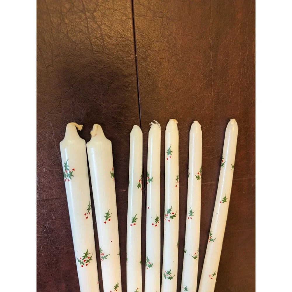 Set of 7 White Holly Berry Taper Candles Christmas Holiday Decor Vintage‎